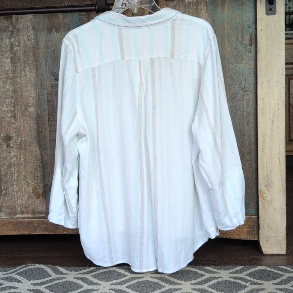 Side Stitch Coastal Linen Striped Button Down - Women's Large - Picture 5 of 7